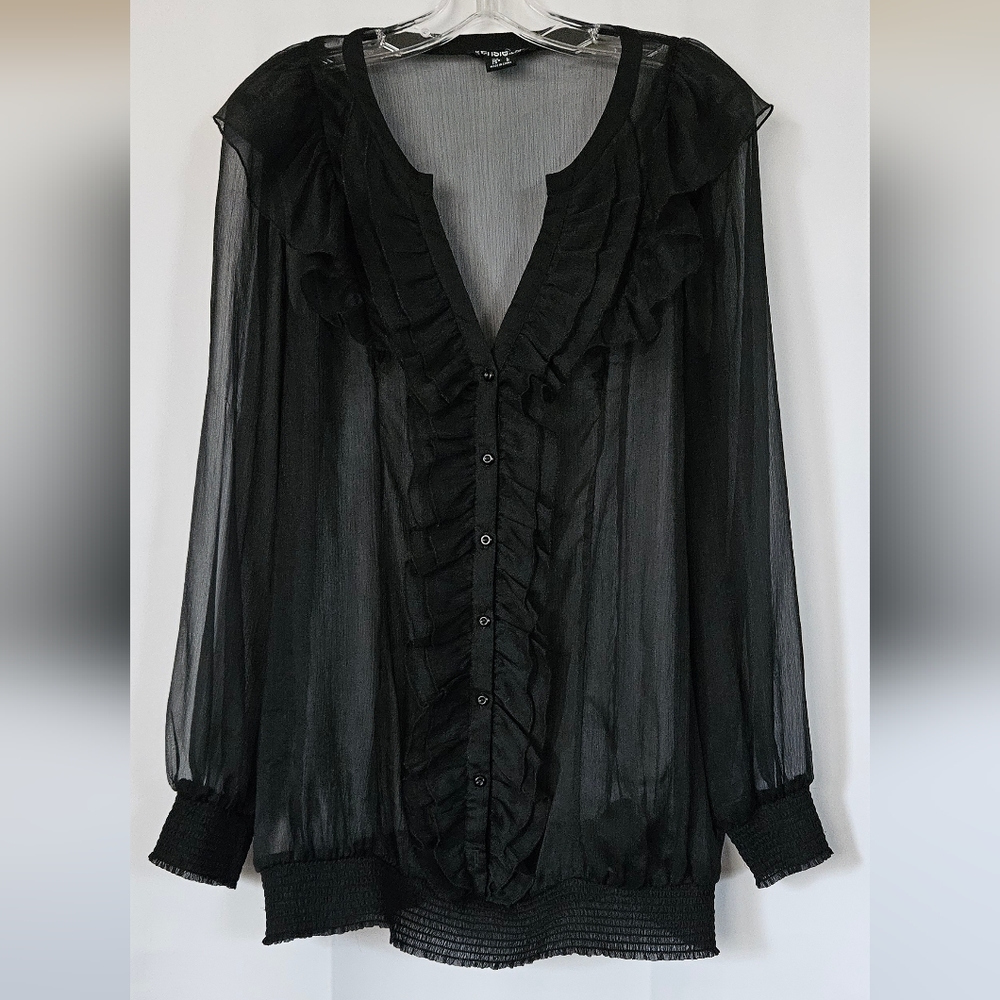 Kensie sheer black‎ long sleeve ruffle blouse size large